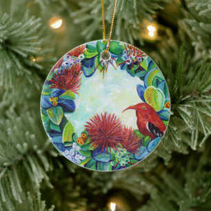 Hawaiian Wandeiwi Bird Lehua Mele Kalikimaka Julgransprydnad Keramik