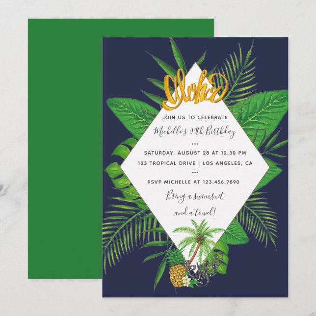 Hawaiiansk Aloha Luau Födelsedagsfest Inbjudan (Fram/baksida)