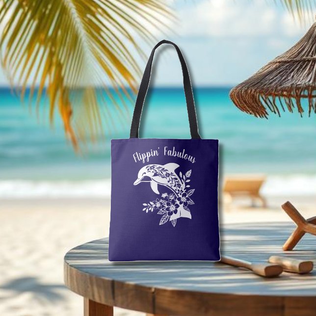 Hawaiiansk delfin-Flippin' Fabulous-Mörk blått Tygkasse (Hawaiian Dolphin, Flippin Fabulous, Islander Summer, Beach, Fisherman Trend, blue Tote)