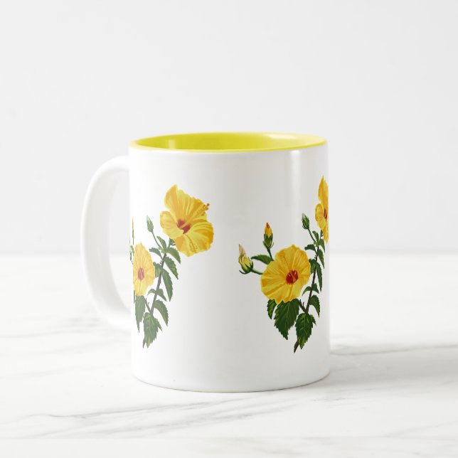 Hawaiiansk gul hibiskus Botanisk illustration  Två-Tonad Mugg (Framsida vänster)