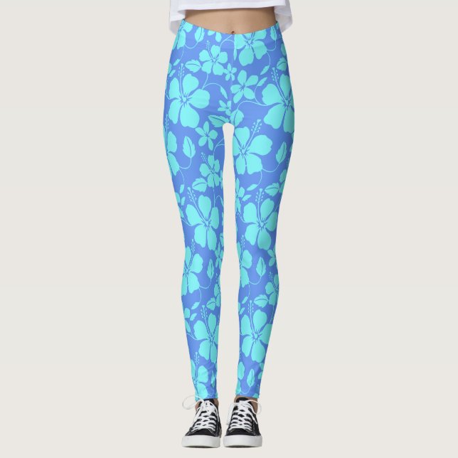 Hawaiiansk hula (Hibiscus) periwinkle turkos Leggings (Framsida)