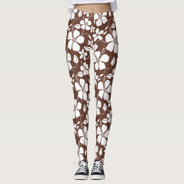 Hawaiiansk Hula (Hibiskus) Brun Leggings (Framsida)