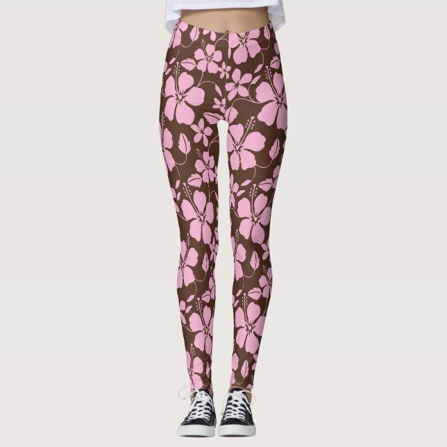 Hawaiiansk hula (Hibiskus) brun rosa Leggings (Framsida)