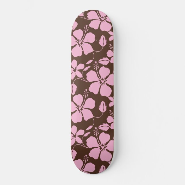 Hawaiiansk Hula (Hibiskus) BRUN/ROSA Mini Skateboard Bräda 18,5 Cm (Framsida)