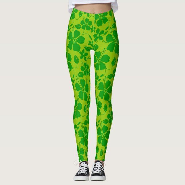 Hawaiiansk hula (Hibiskus) citron-lime Leggings (Framsida)