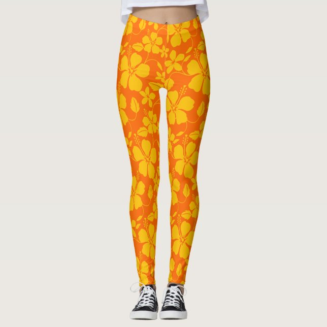 Hawaiiansk Hula (Hibiskus) Orange Mix Leggings (Framsida)