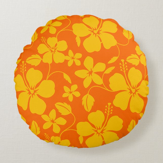 Hawaiiansk Hula (Hibiskus) Orange Mix Rund Kudde (Framsidan)