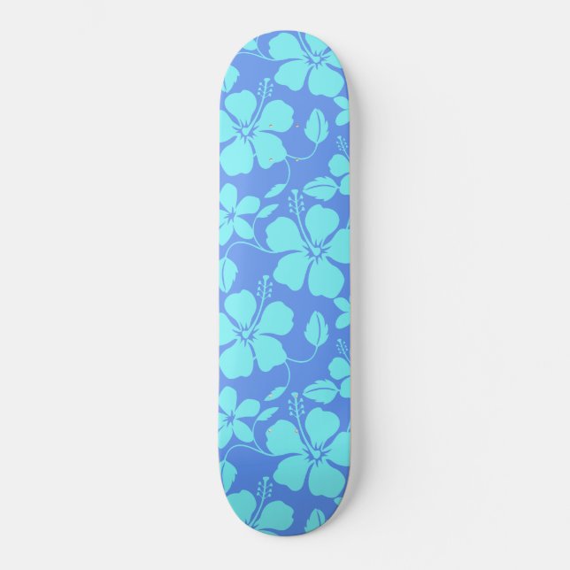 Hawaiiansk hula (hibiskus) periwinkle/teal mini skateboard bräda 18,5 cm (Framsida)
