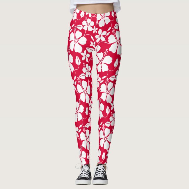 Hawaiiansk hula (hibiskus) röd leggings (Framsida)