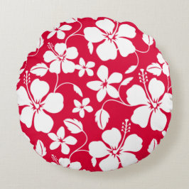 Hawaiiansk Hula (Hibiskus) Röd Rund Kudde