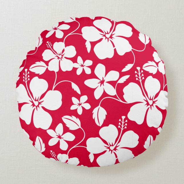 Hawaiiansk Hula (Hibiskus) Röd Rund Kudde (Framsidan)