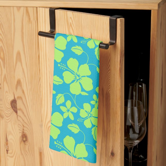 Hawaiiansk Hula (Hibiskus) Teal Lime Kökshandduk (Thirds Fold)