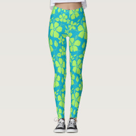 Hawaiiansk Hula (Hibiskus) Teal Lime Leggings