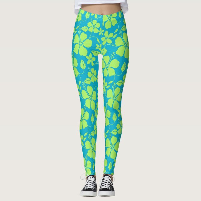 Hawaiiansk Hula (Hibiskus) Teal Lime Leggings (Framsida)