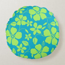 Hawaiiansk hula (hibiskus) turkos/lime rund kudde
