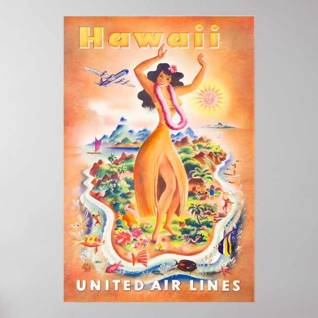 Hawaiiansk konst Hawaii tryck United reseplakat (Framsidan)