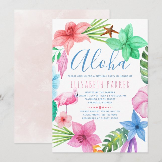 Hawaiiansk tropisk aloha blomster luau födelsedags inbjudningar (Fram/baksida)