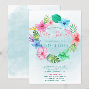 Hawaiiansk tropisk blå blomsterkrans baby shower inbjudningar