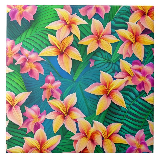 Hawaiiansk tropisk blommönster  kakelplatta (Framsidan)