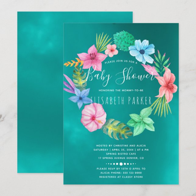 Hawaiiansk tropisk turkos blomsterkrans baby showe inbjudningar (Fram/baksida)