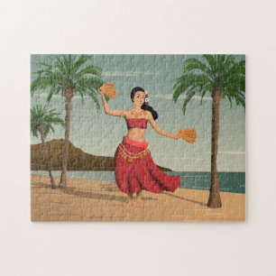 Hawaiiansk Vintage Hula Girl Disted Postcard Pussel