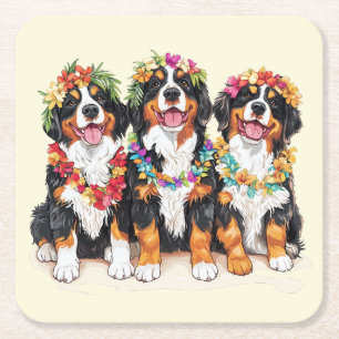 Hawaiianska Bernese Mountain Dogs Blomsterkrans Underlägg Papper Kvadrat