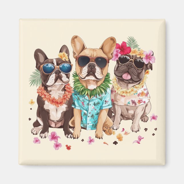 Hawaiianska franska bulldoggar blommig krans magnet (Framsidan)