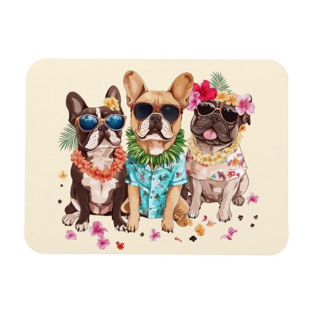 Hawaiianska franska bulldoggar blommig krans magnet (Horisontell)