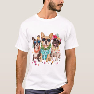 Hawaiianska franska bulldoggar blommig krans t shirt