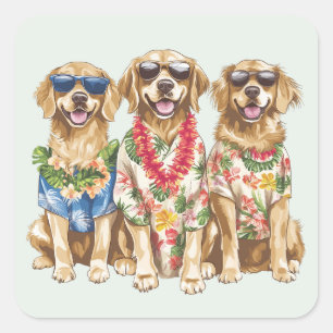 Hawaiianska Golden Retriever Hundar Blomsterkrans Fyrkantigt Klistermärke