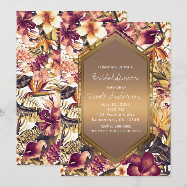 Hawaiianska Golden Tropics Elegant Bröllopsdusch Inbjudningar (Fram/baksida)