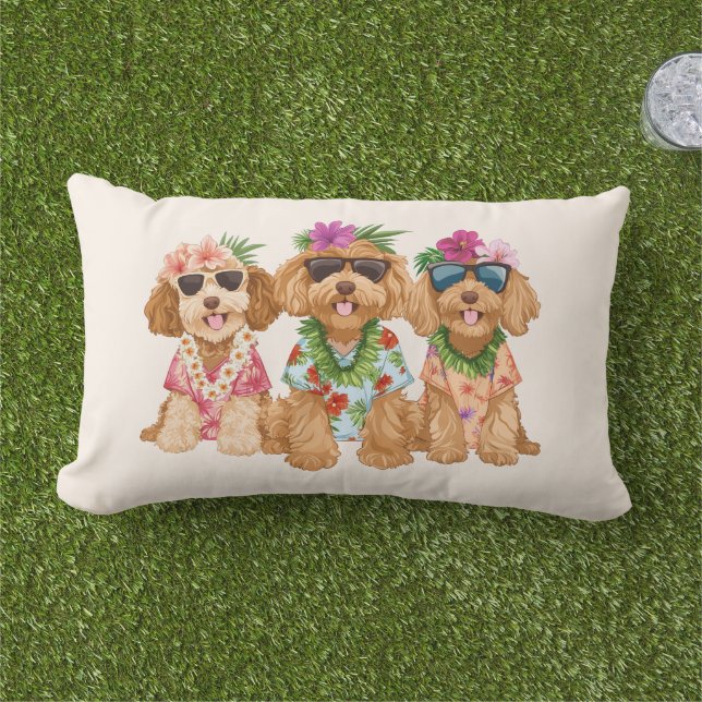 Hawaiianska Goldendoodle Hundar Blomsterkrans Lumbarkudde (Gräs)