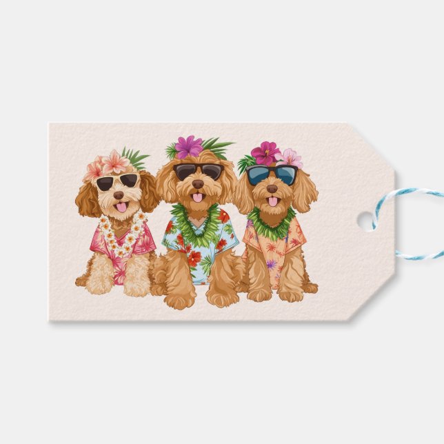 Hawaiianska Goldendoodle Hundar Blomsterkrans Presentetikett (Framsidan (Horisontell))