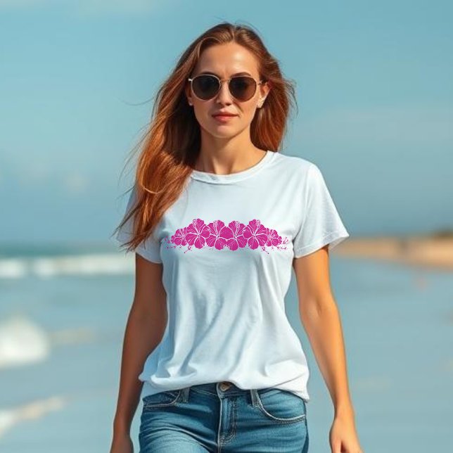 Hawaiianska Hibiskusblommor Rosa T Shirt (Hawaiian Hibiscus Flowers, Tropical, Islander, Beach, Coastal, Fisherman Trend 2025, Floral, womans)