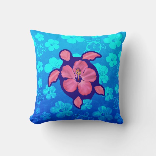 Hawaiianska Honu Sköldpadda och Hibiskus Kudde (Framsida)