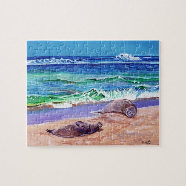 Hawaiianska Munk Sälar vid stranden Pussel (Horisontell)
