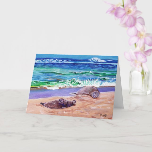 Hawaiianska munkförseglingar på Poipu Beach Greeti Kort (Orkide)