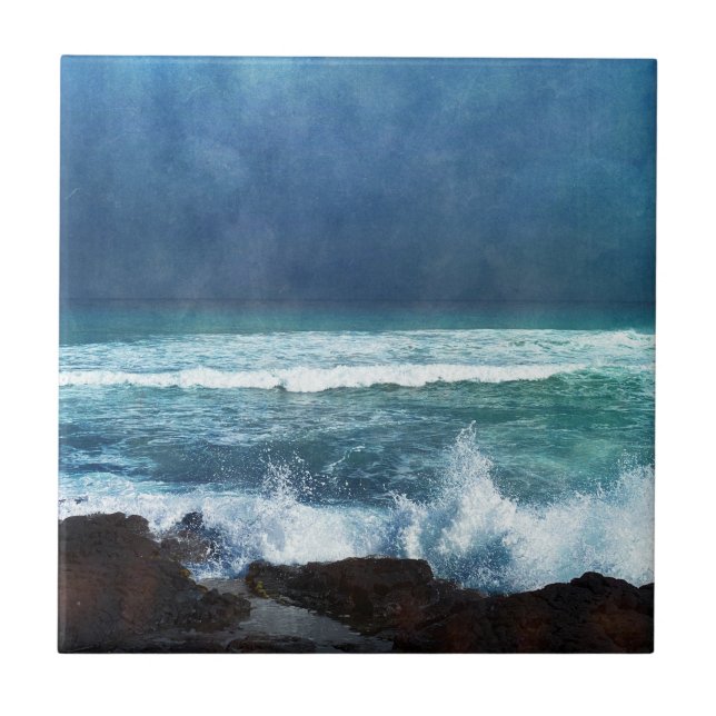 Hawaiianska oceanen Vågar Aqua Teal Blue Surfa Lav Kakelplatta (Framsidan)