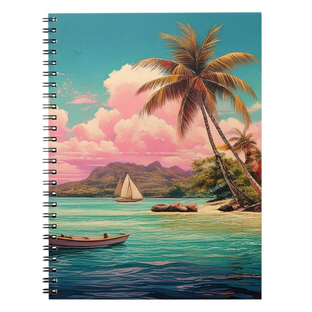 Hawaiianska vintagen, handflatan träd, båt, rosa anteckningsbok (Framsidan)