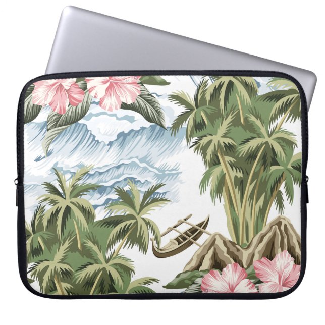 Hawaiianska vintagen, handflatan träd, båt, rosa laptop fodral (Framsidan)