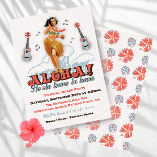 Hawaiianskt Luau Retro Hula Flicka Fest Inbjudningar