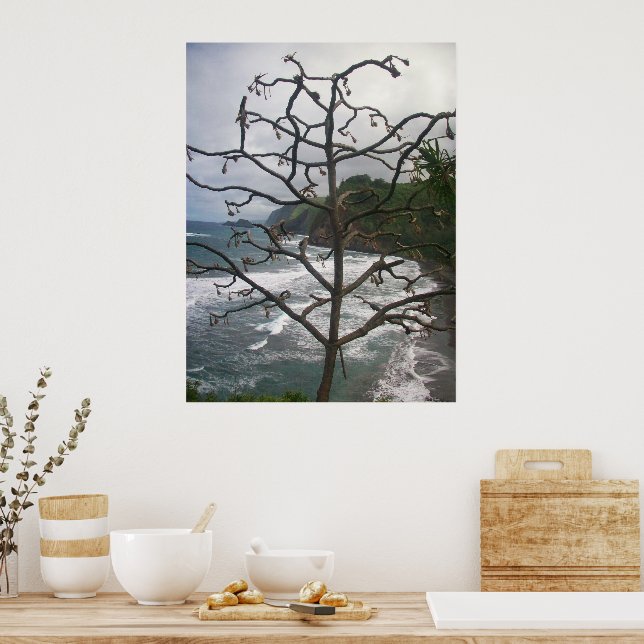 Hawaiianskt Ocean Beach Träd Foto Utsikt Poster (Kök)