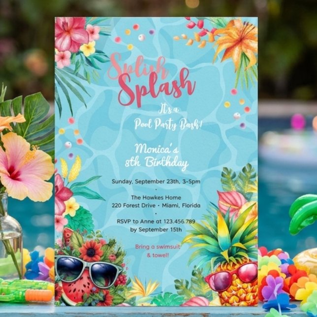 Hawaiianskt plask och lek sommar pool födelsedagsf inbjudningar (Skapare uppladdad)