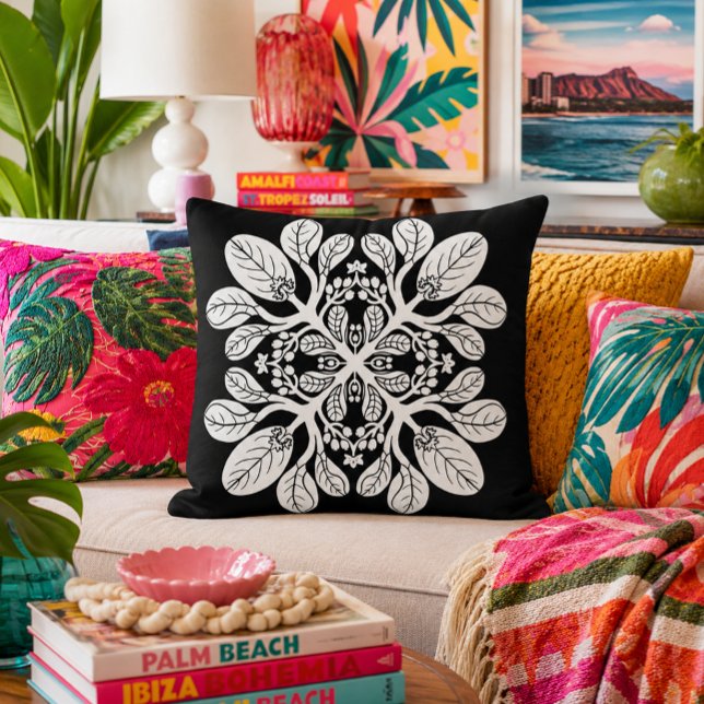 Hawaiianskt Quilt Naupaka-mönster Vitt  Kudde (Skapare uppladdad)