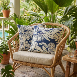 Hawaiianskt Tropiskt brödfrukt ulu i indigo Kudde