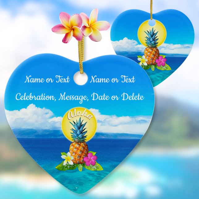 Hawaiiboprydnadar med parets namn, daterar julgransprydnad keramik (Hawaiian Christmas Ornaments. Hawaii Ornaments. Hawaiian Christmas Gifts. Tropical Pineapple Gifts.)