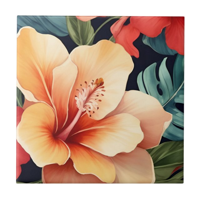Hawaiisk Blommigt Hibiscus Flower Kakelplatta (Framsidan)