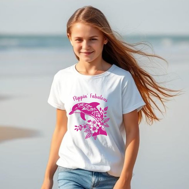 Hawaiisk delfinflippin’ Fabulous Rosa T Shirt (Dolphin Hawaiian Tropical Flowers, Flippin Fabulous, Summer Beach Fisherman Trend Fashion, kids)