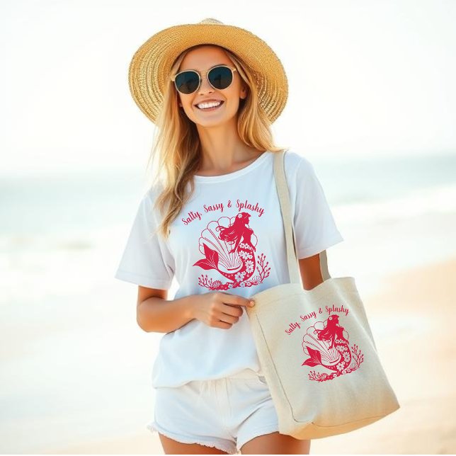 Hawaiisk Sjöjungfru-Salty, Sassy och Splashy Red T Shirt (Hawaiian Mermaid-Sea Shells and Tropical Flowers-Fisherman Core-Beach Bag-Beach Tote-Summer bag-Red)