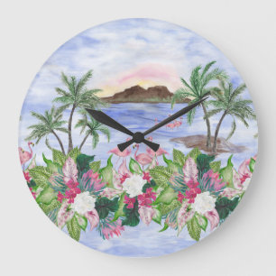 Hawaiiska bliss: Tropical Watercolor Mönster Stor Klocka